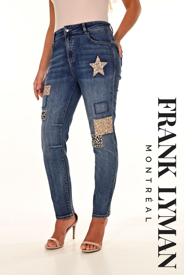 Pantalon jeans bleu délavé avec appliqué /Frank Lyman