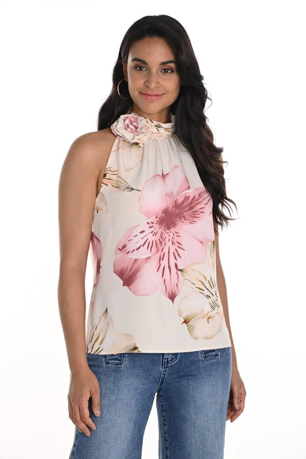 Top crème fleuri rose sans manche/FL