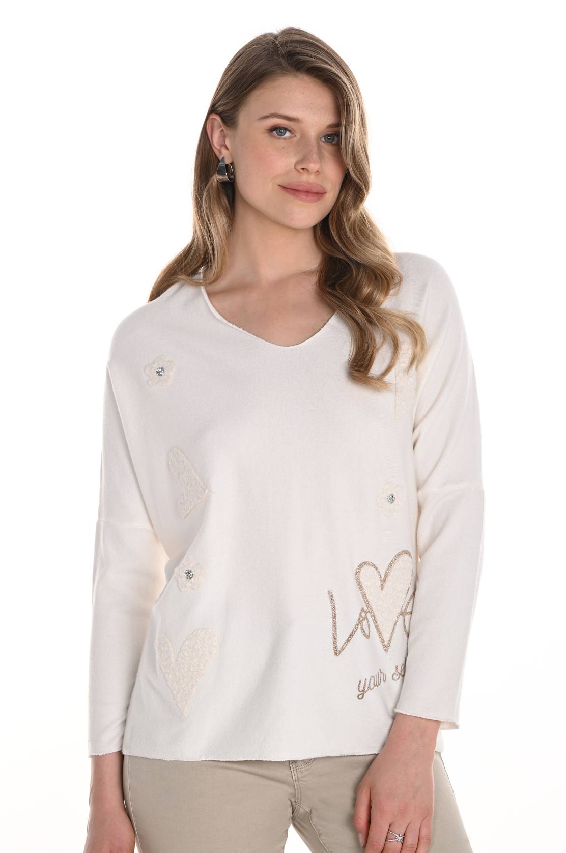 Pull col v orné bijoux/FL