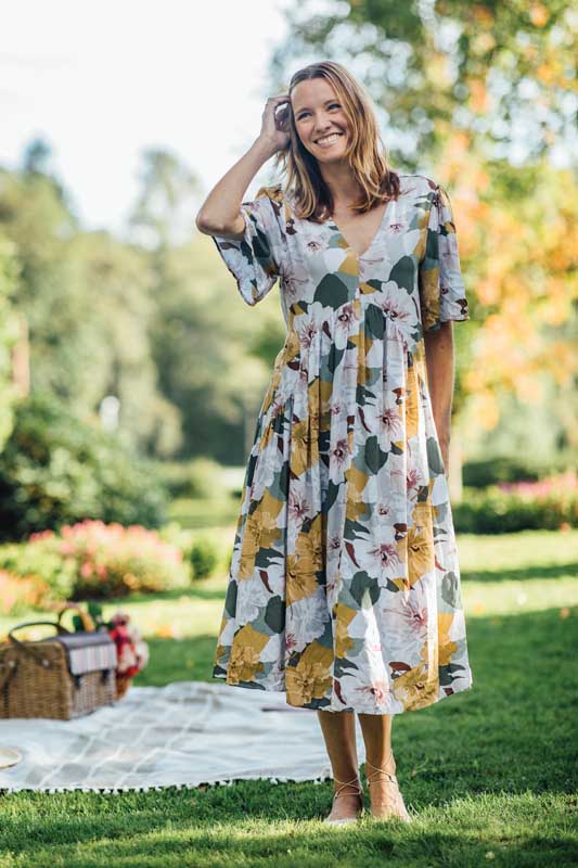 Robe longue florale jaune et rose/Papillon