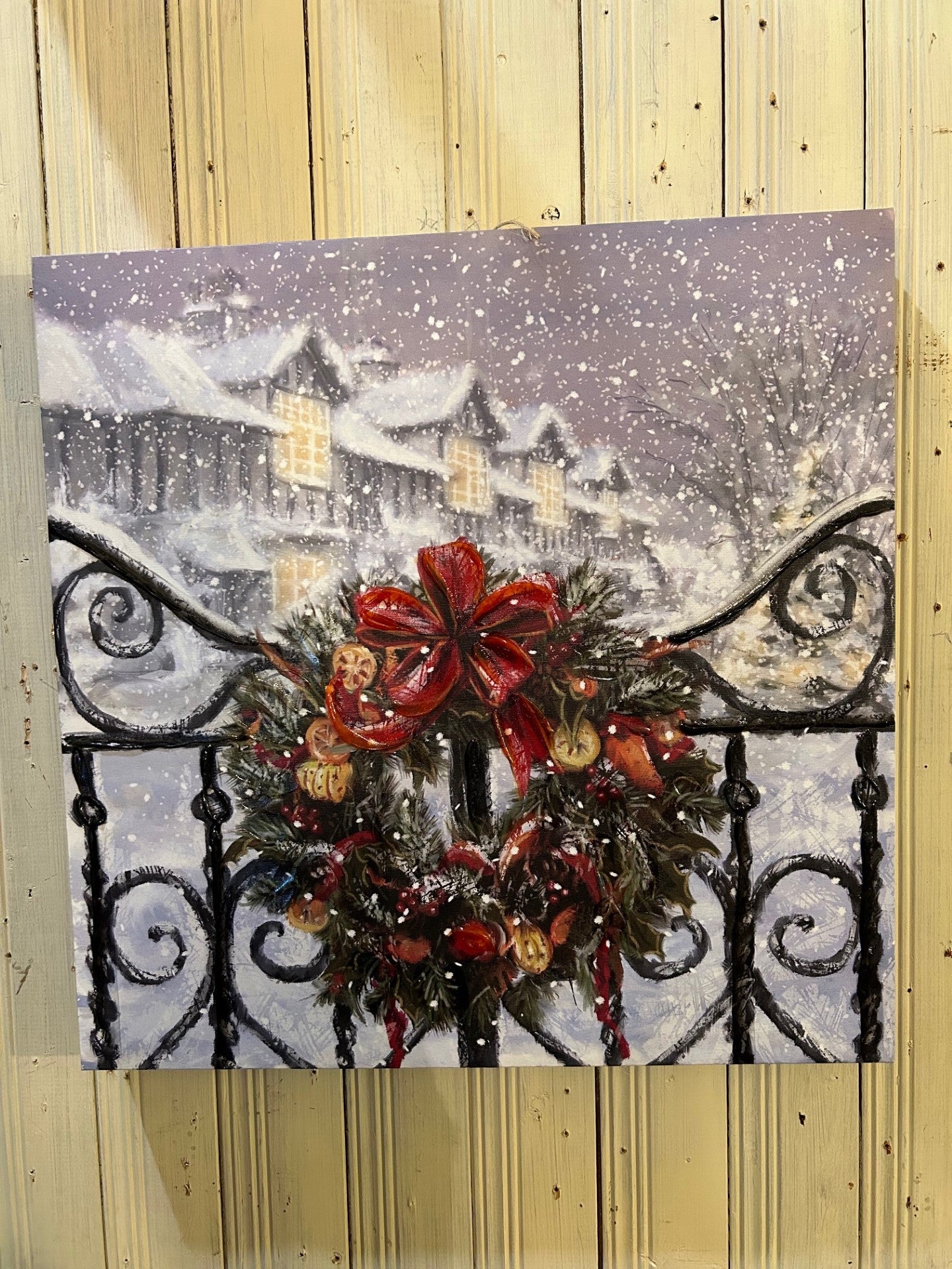 Tableau canevas couronne de noël sur la clôture 18x18