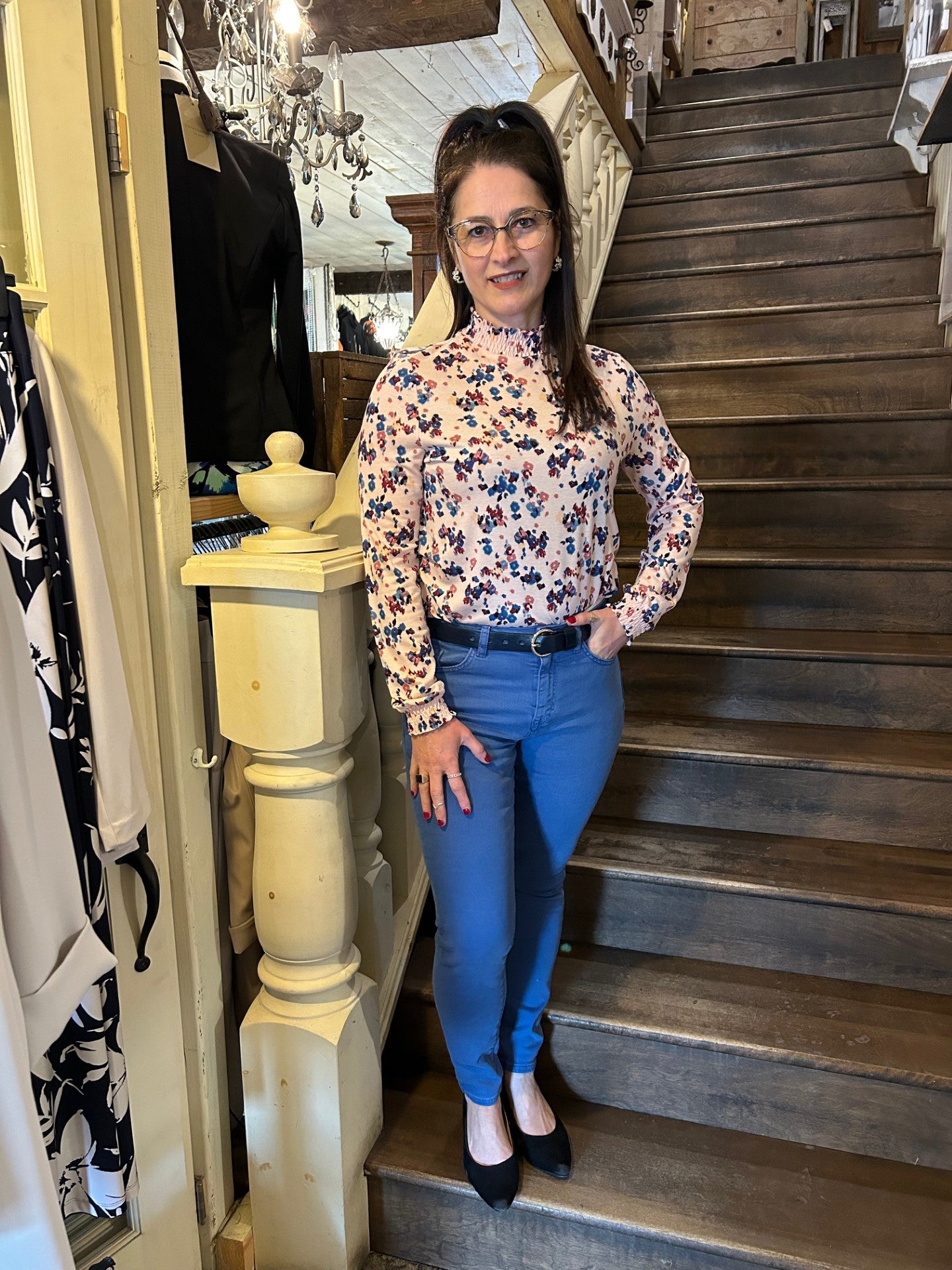 Blouse col roulé rose pâle motif fleuri /Esprit