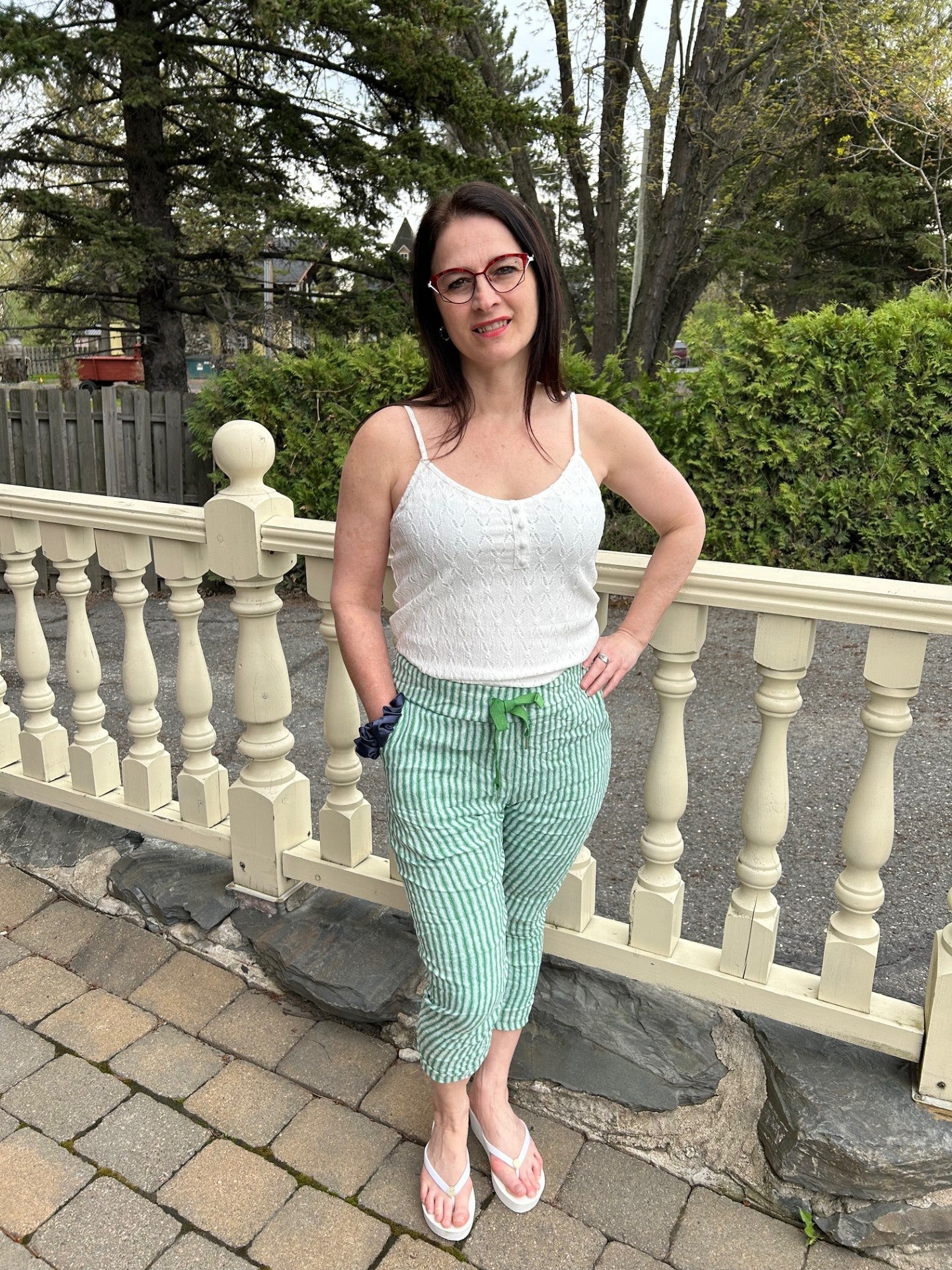 Pantalon ligné gris et vert sauge avec lacet /Eternelle