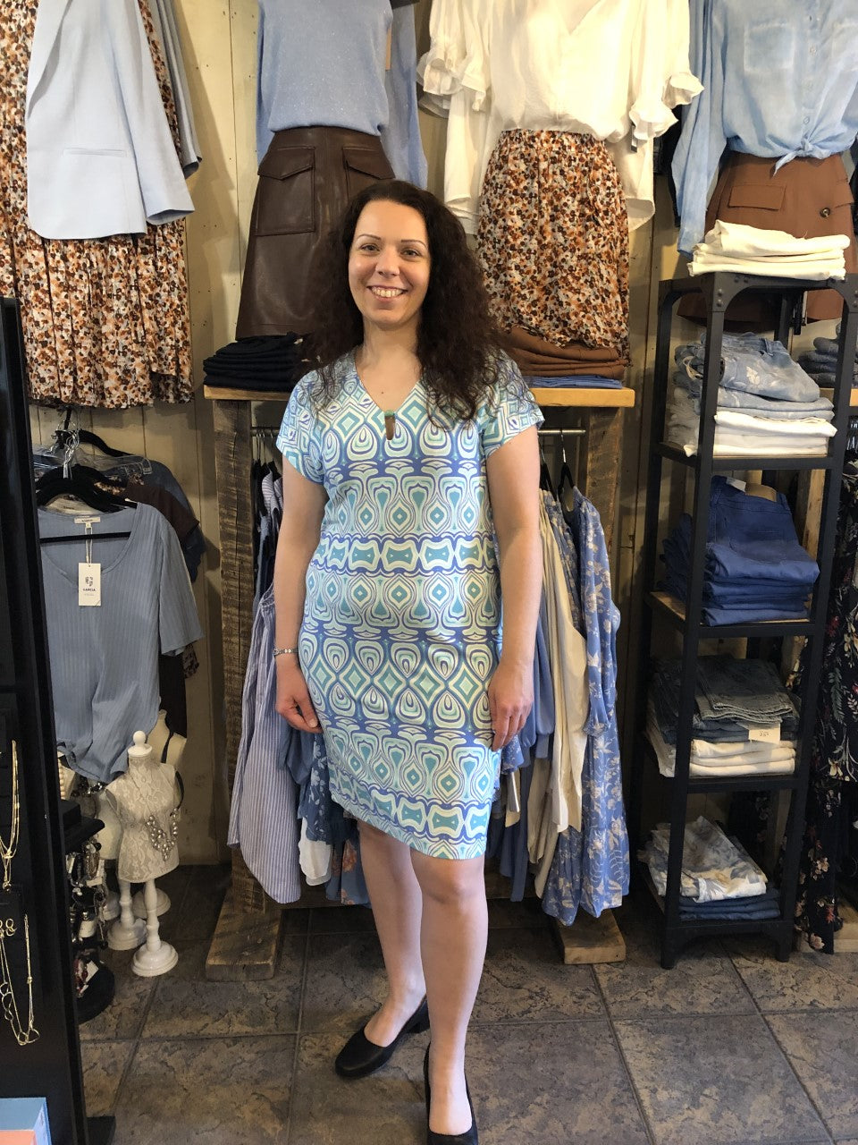 Robe motif bleu, vert jade et crème /Esqualo