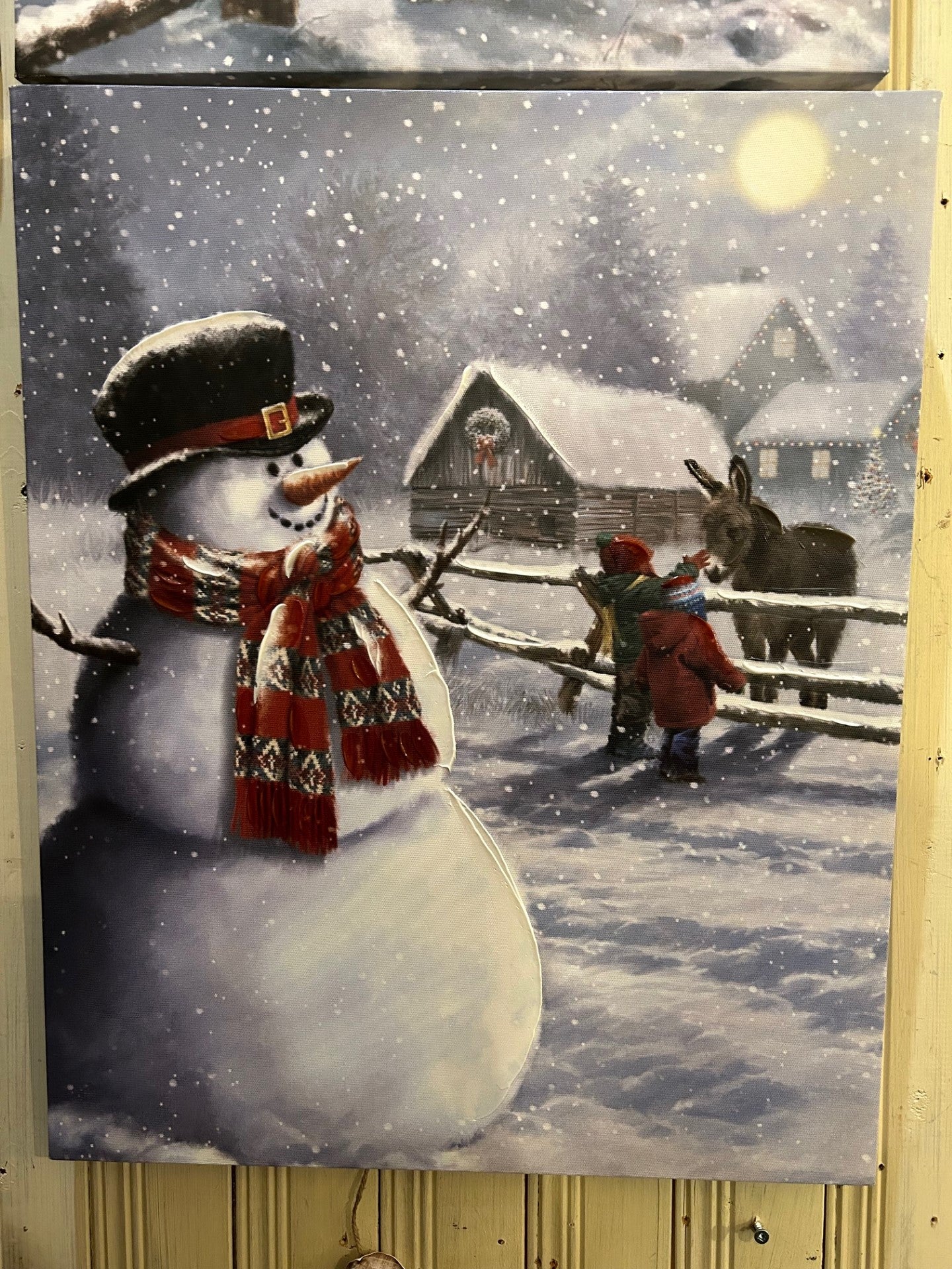 Tableau caneva famille bonhomme de neige à la ferme 16x20