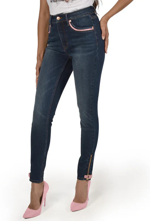 Jeans bleu ajusté bande cuirette rose/FL