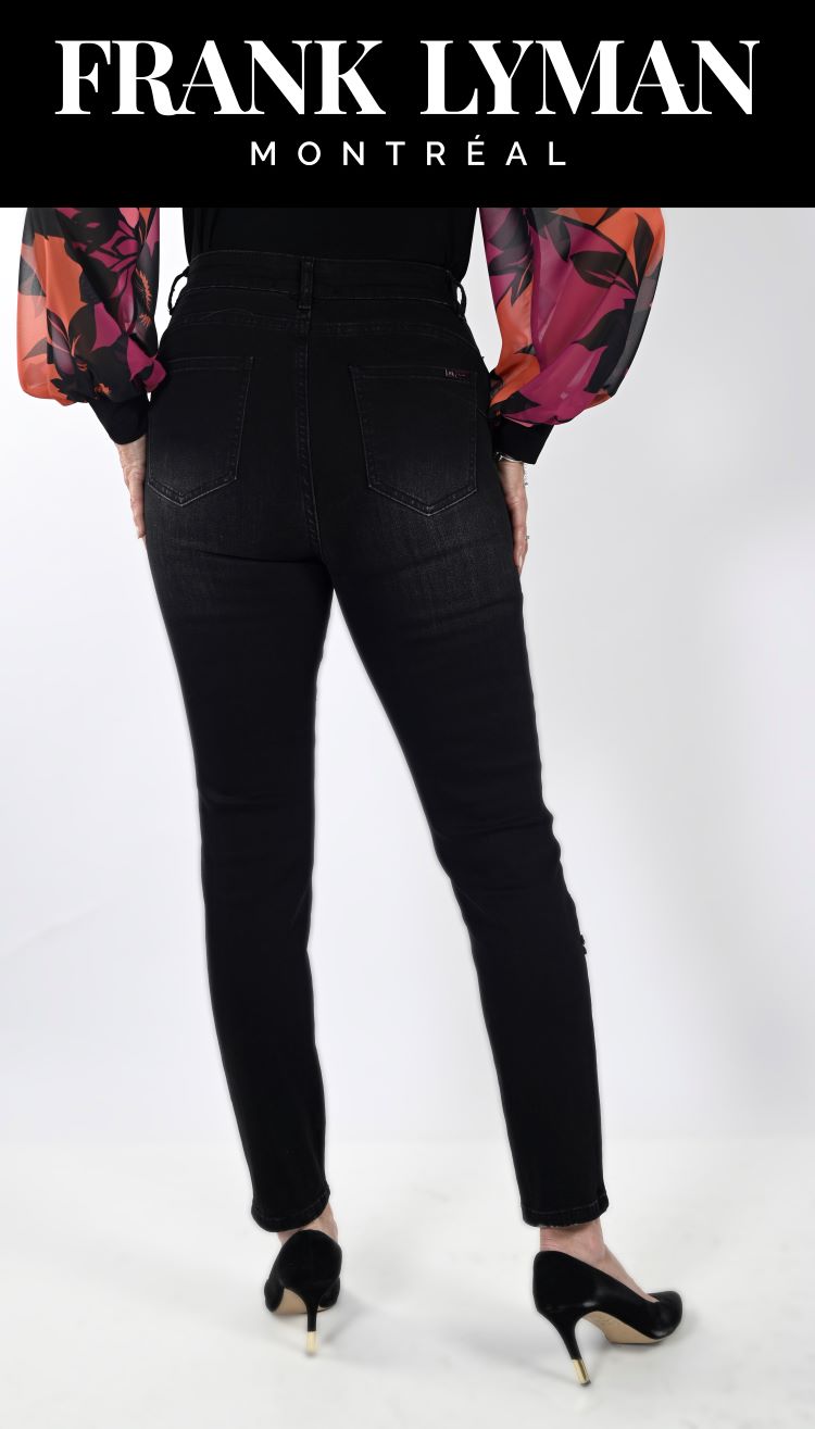 Pantalon jeans noir fleur magenta /Frank Lyman