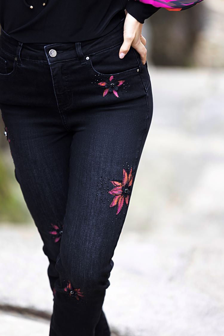 Pantalon jeans noir fleur magenta /Frank Lyman