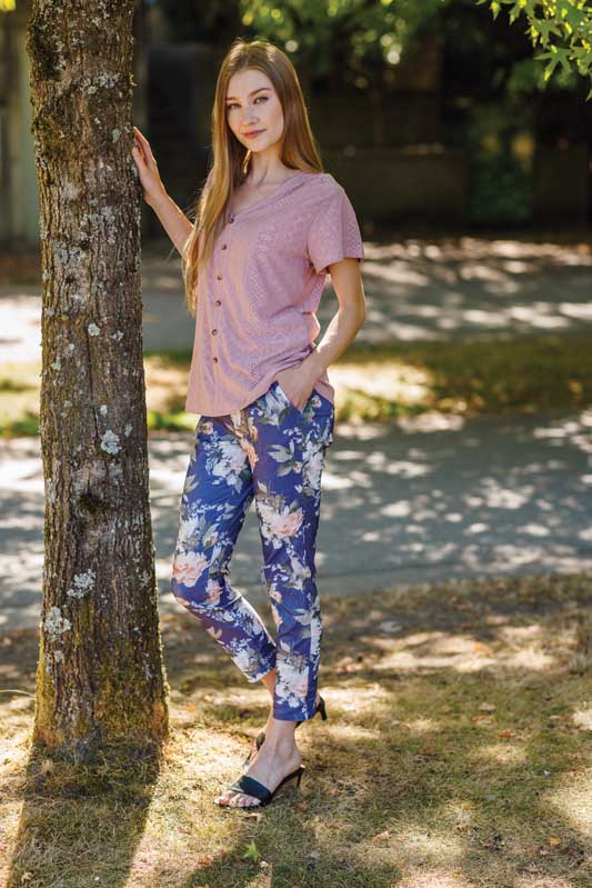 Pantalon bleu floral pull on taille élastique/Papillon