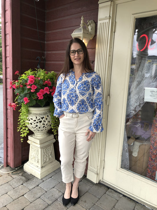 Blouse blanche motif floral bleu/Soya