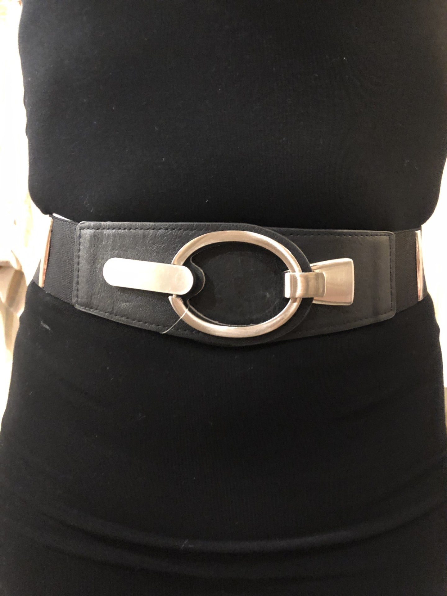 Ceinture noire élastique avec boucle argent/Frank Lyman