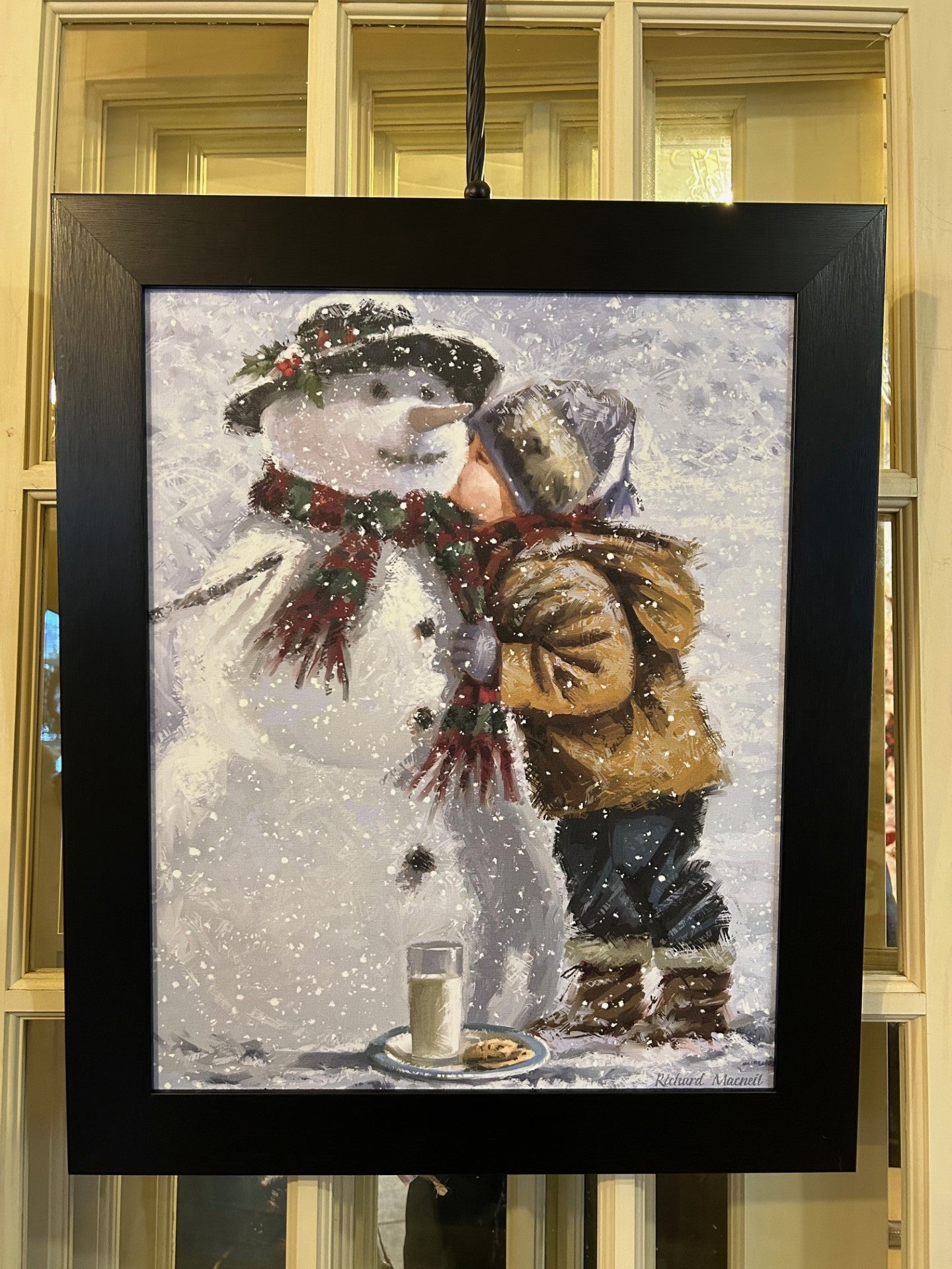 Tableau baiser de l'enfant au bonhomme de neige   16x20