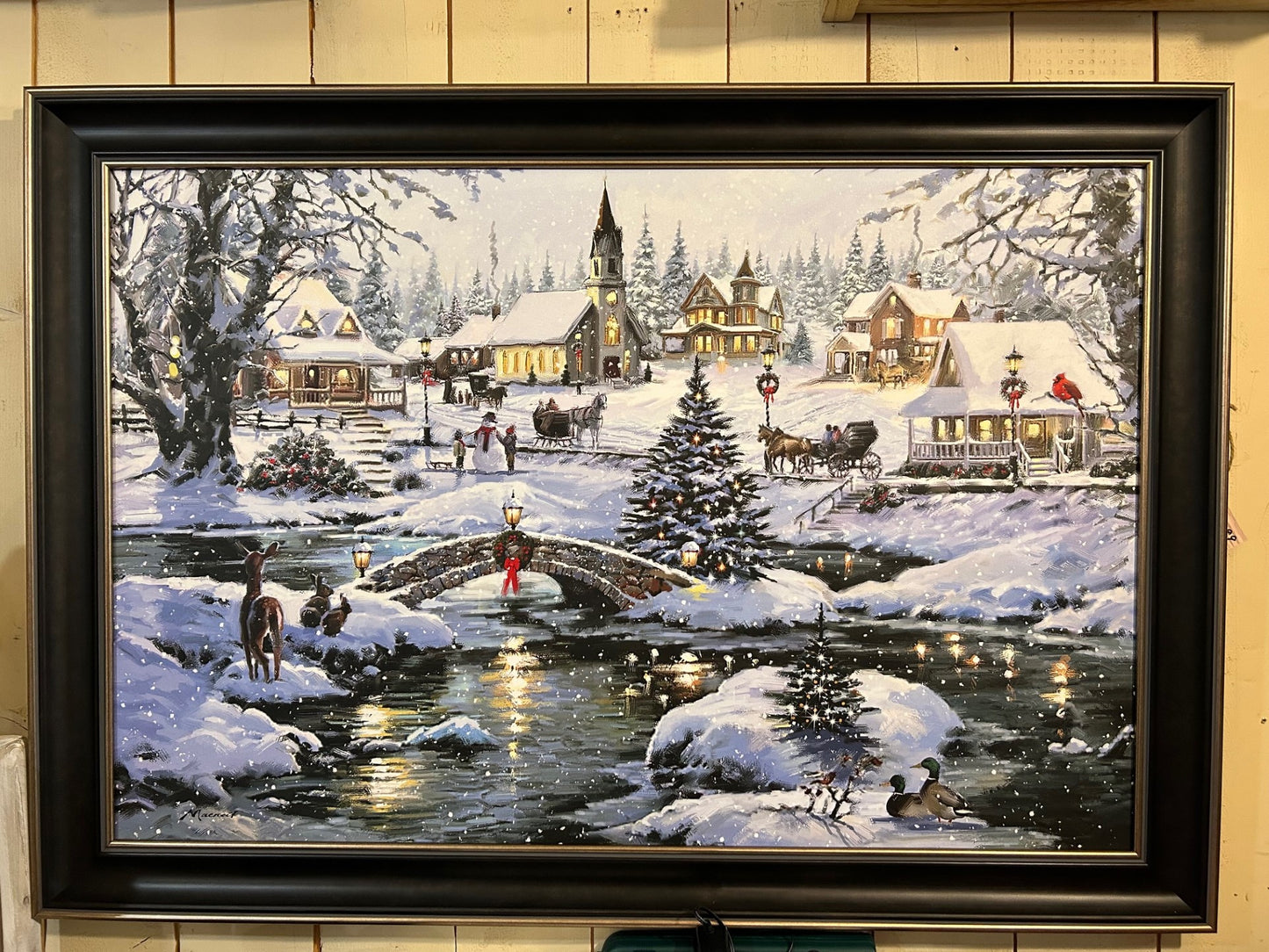 Tableau village de noel avec petit pont 28x40po