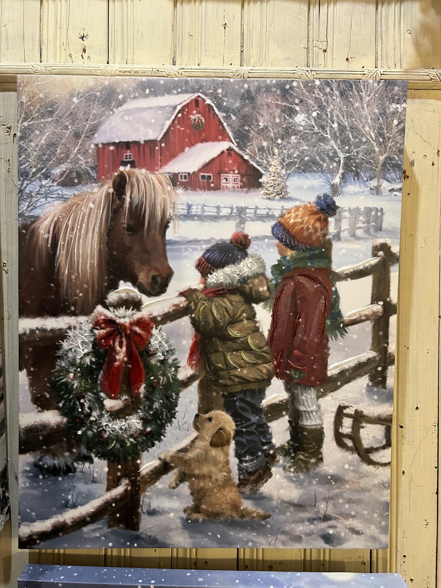 Tableau canevas hiver à la ferme avec 1 cheval 16x20