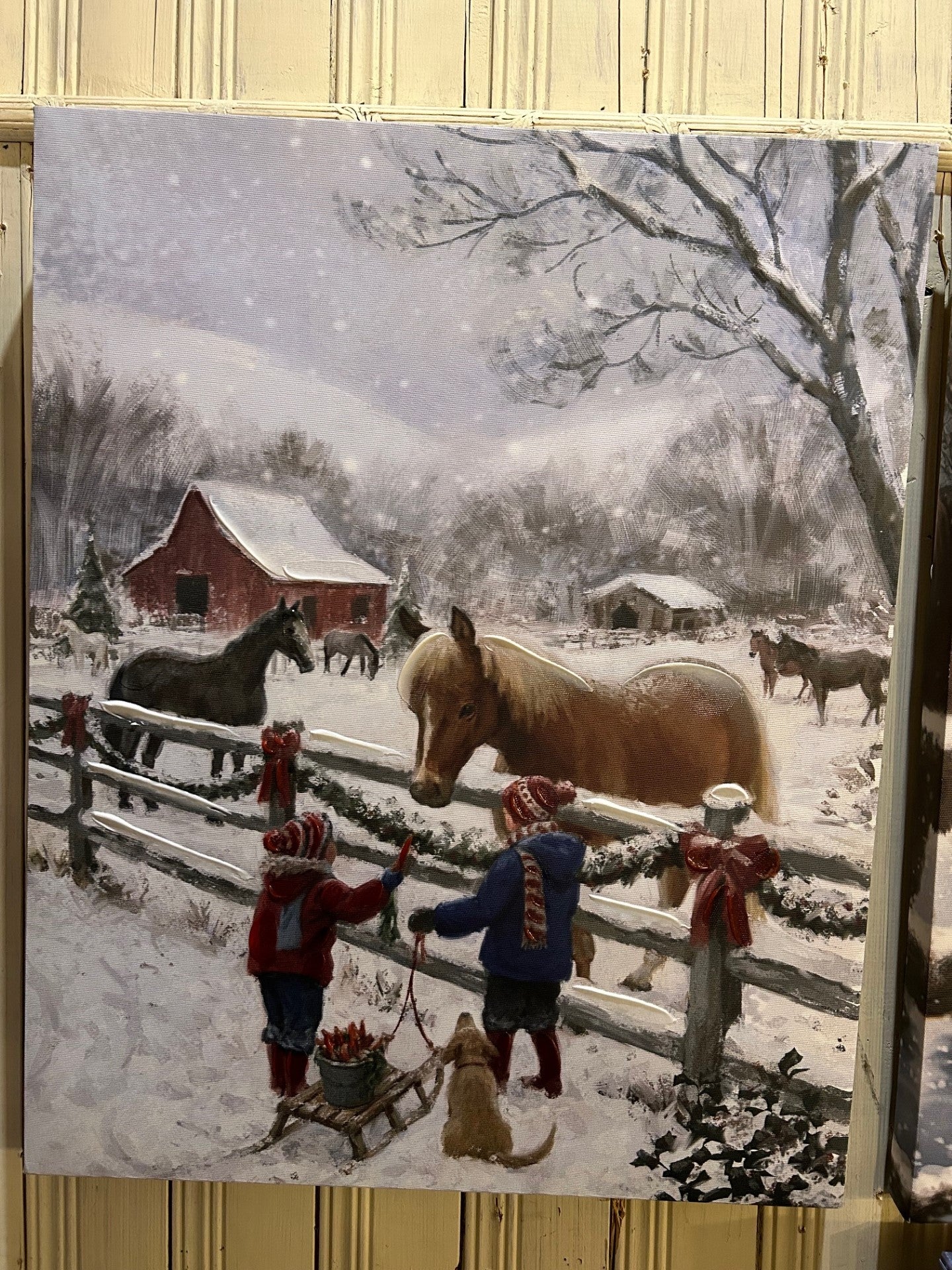 Tableau canevas hiver à la ferme avec 1 cheval 16x20